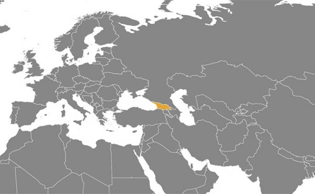 Georgia on Europe - Middle East map, marked yellow